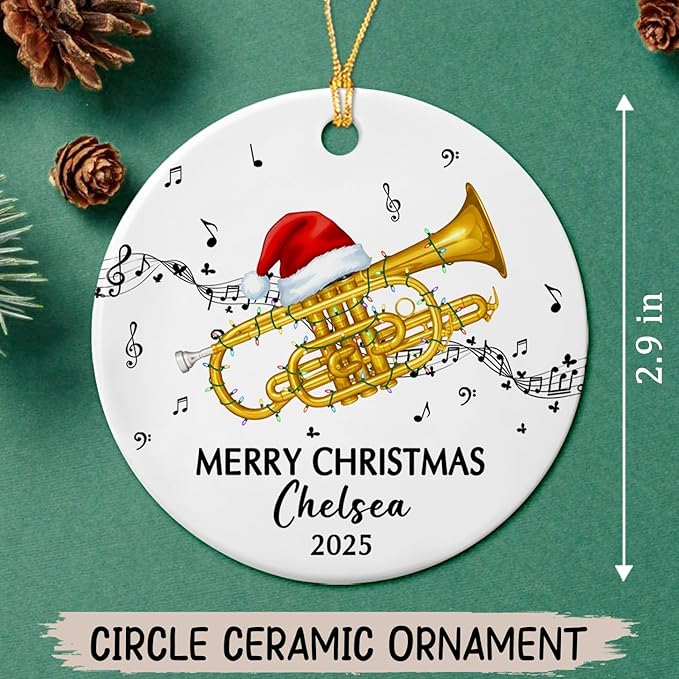 Personalized Cornet Musical Ceramic Ornament, Customized Year Text Name Cornet Player Ornaments Gift for Cornetist Daughter Son Kids Dad Mom Husband Wife, Unique Cornet Instrument Ceramic Ornament