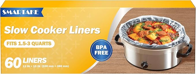 SMARTAKE Slow Cooker Liners, Small Size 13"x 15" Disposable Cooking Bags, Fit 1.5QT to 3QT for Slow Cooker, Cooking Trays, Suitable for Oval & Round Pots, 60 Liners