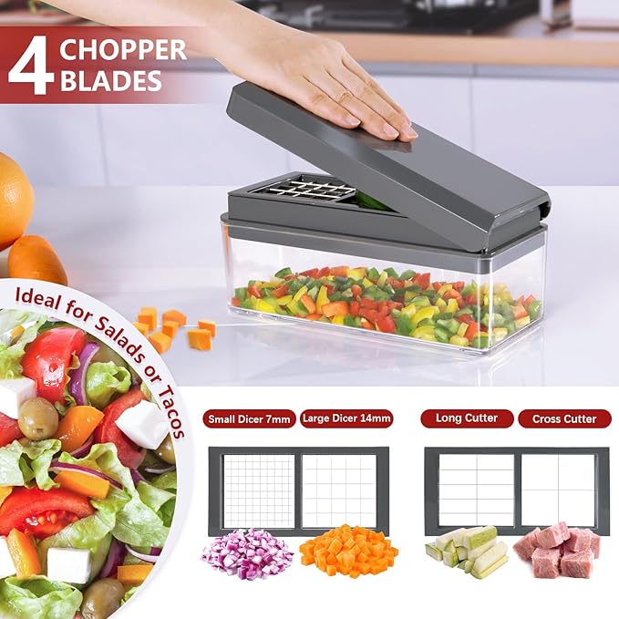 Vegetable Chopper, Onion Chopper Dicer, Mandoline Slicer, Food Chopper with Container, Vegetable Cutter for Salad Potato Carrot Garlic（9 Blades, Grey）