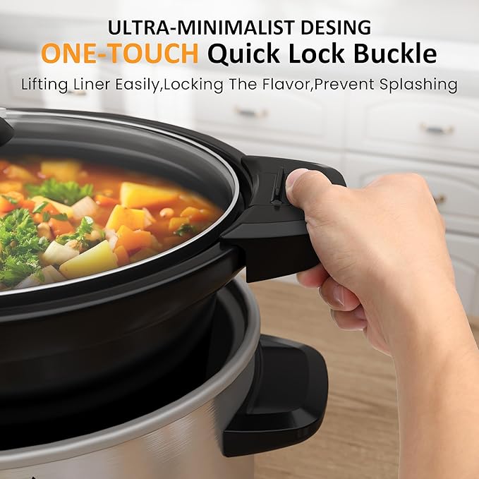 Sunvivi 4qt Slow Cooker, Programmable Slow Cooker with Locking Lid, Removable Ceramic Pot, 3 Heating Settings & Time Control, Mini Food Warmer with Dishwasher-safe Lid & Pot, Silver
