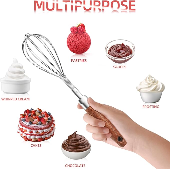 Whisk for Cooking,Stainless Steel Wire Wooden Handle Kitchen Multi Function Non Stick Balloon Whisk Egg Beater for Blending Whisking Beating Frothing Stirring Batters (11"L x 2.1"W)