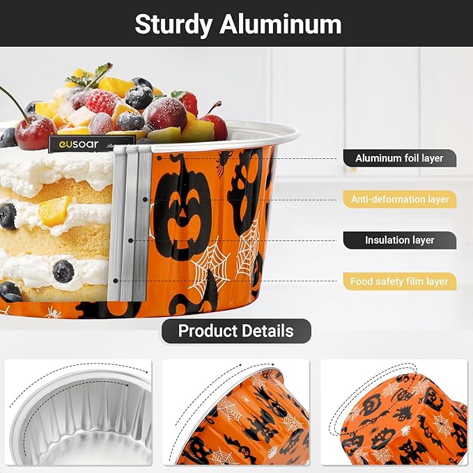 EUSOAR Mini Cheesecake Pans, 100pcs 5oz Halloween Cupcake Liners Baking Cups with Lids, Oven Safe Dessert Muffin Pan Creme Brulee Ramekins Disposable Containers for Gathering Club Wedding Party