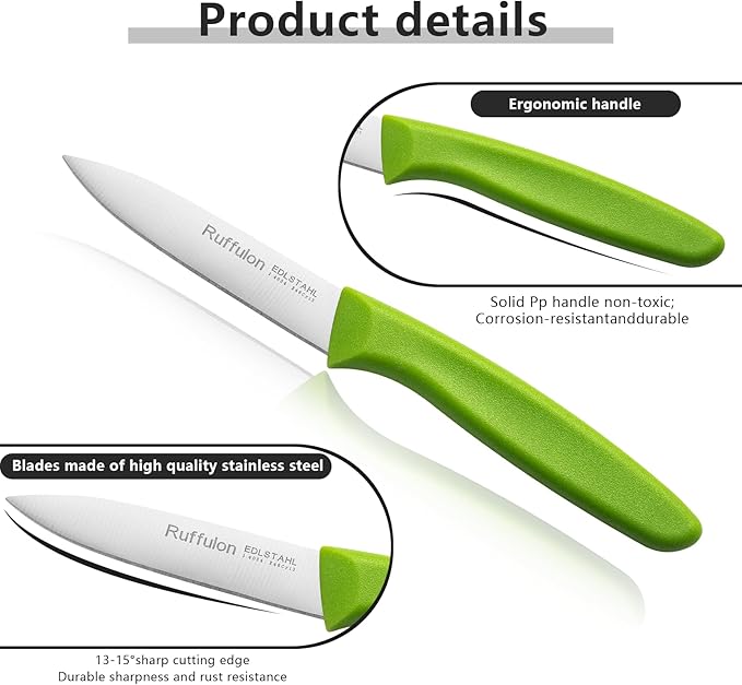 Paring Knife Fruit Knife Set (6 Pieces), Ultra Sharp Stainless Steel Vegetable and Fruit Knife with PP Plastic Ergonomic Handle for Cutting Fruits and Vegetables,Red/Orange/Green