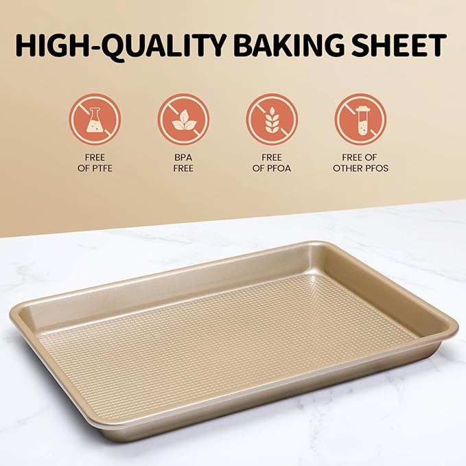 Vinino Quarter Sheet Pan, Baking Sheet, Cookie Sheets For Baking With Square Texture Pattern, Thicker Carbon Steel Non-Stick Baking Pan Tray