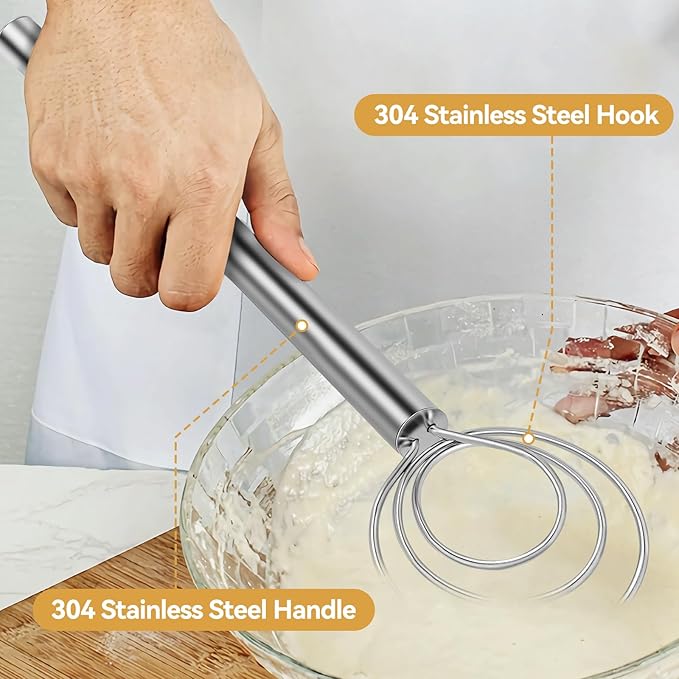 Danish Dough Whisk Stainless Steel Hook Dutch Baking Tool Bread Sourdough Mixer for Pizza Pastry Cake Batter Making