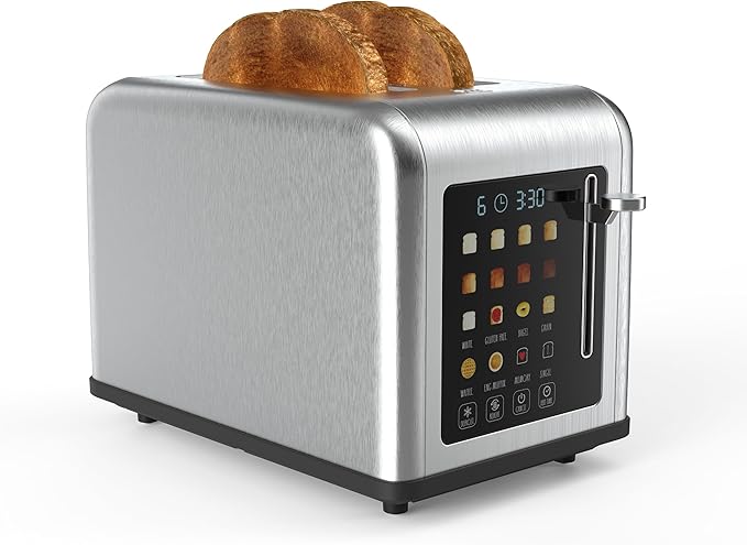 Rae Dunn 2 Slice Smart Toaster, Digital Display, Wide Slots, 8 Browning Levels, 6 Bread Types, 4 Functions (Defrost, Reheat, Cancel, Add Time), 825W Stainless Steel