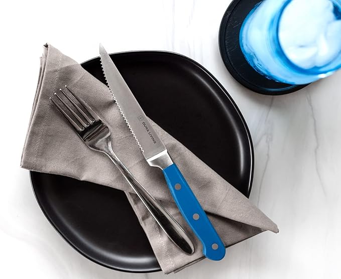 DURA LIVING Premium 4-Piece Steak Knife Set – Sharp Serrated Blades, Forged High Carbon Stainless Steel, Full Tang, Ergonomic Handle, Royal Blue – Ideal for Dining & Entertaining
