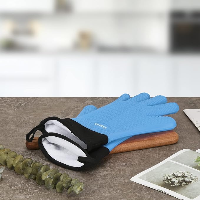 Kitchen Oven Gloves - Silicone and Cotton Double-Layer Heat Resistant Oven Mitts/BBQ Gloves/Grill Gloves - Perfect for Baking and Grilling (XL-XXXL, Blue)
