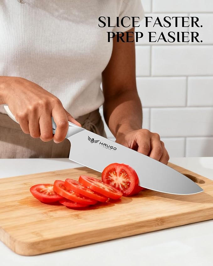 Knife Set - Haugo 14 PCS German Stainless Steel Kitchen Knife Sets with Block and Sharpener - Full Tang Knife Block Set and Ergonomic Handle - Elegant White- Obsidian Series