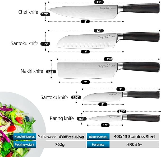 Knives Set for Kitchen, Chef's Knife Set Professional with Chef Santoku Cleaver Nakiri Fruit 5pcs Knife - Damascus Stainless Steel Cooking Knife Set with pakkawood Handle.