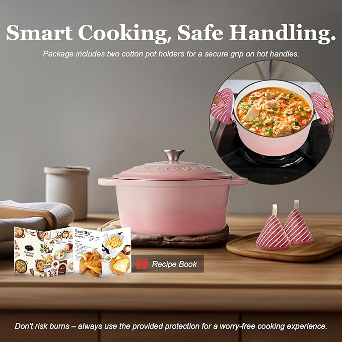 Overmont Enameled Cast Iron Dutch Oven - 4.5QT Pot with Lid Cookbook & Cotton Potholders - Heavy-Duty Cookware for Braising, Stews, Roasting, Bread Baking pink