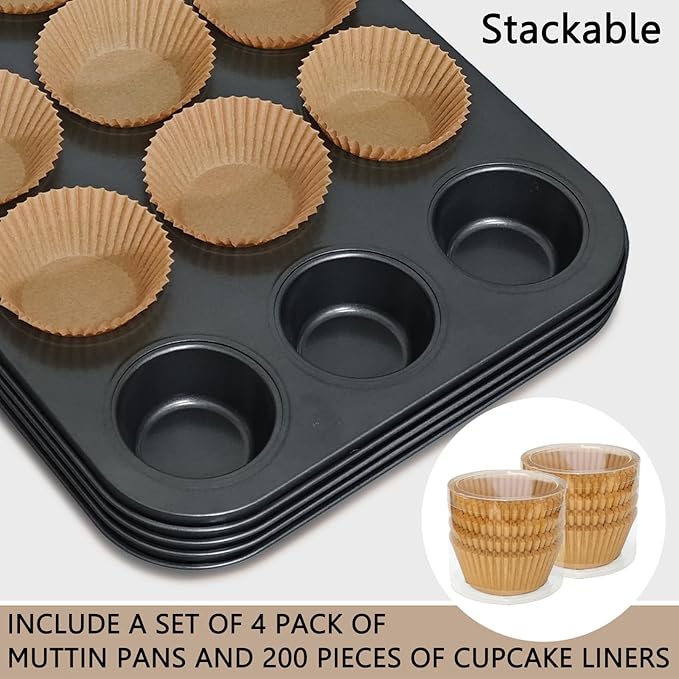 4 Pack Muffin Pan for Baking, Standard Cupcake Pan with 200 Natural Cupcake Liners, Muffin Tin Nonstick 12 Cup, Carbon Steel Muffin Cupcake Tary Baking Supplies