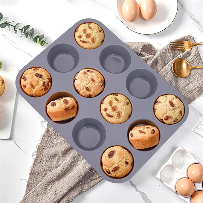 3 Pack 12 Cups Silicone Muffin Pan,Nonstick Regular Silicone Cupcake Pan, For Making Muffin Cakes, Tart and Bread