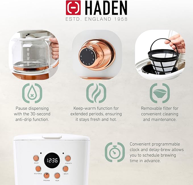 Haden Heritage 4 Slice Wide Slot Stainless Steel Toaster Bundled with 12 Cup Programmable Drip Coffee Maker Coffee Machine, Ivory & Copper