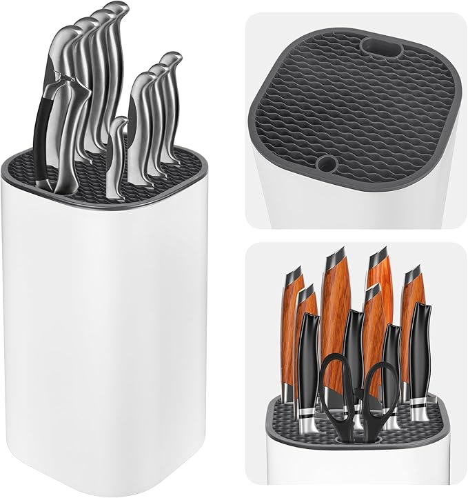 Fohil Knife Block without Knives, Universal Knife Block, Detachable Knife Holder, Space Saver Knife Storage Holder with Scissors Slot, Sharpening Bar Slot, Kitchen Knife Holder White
