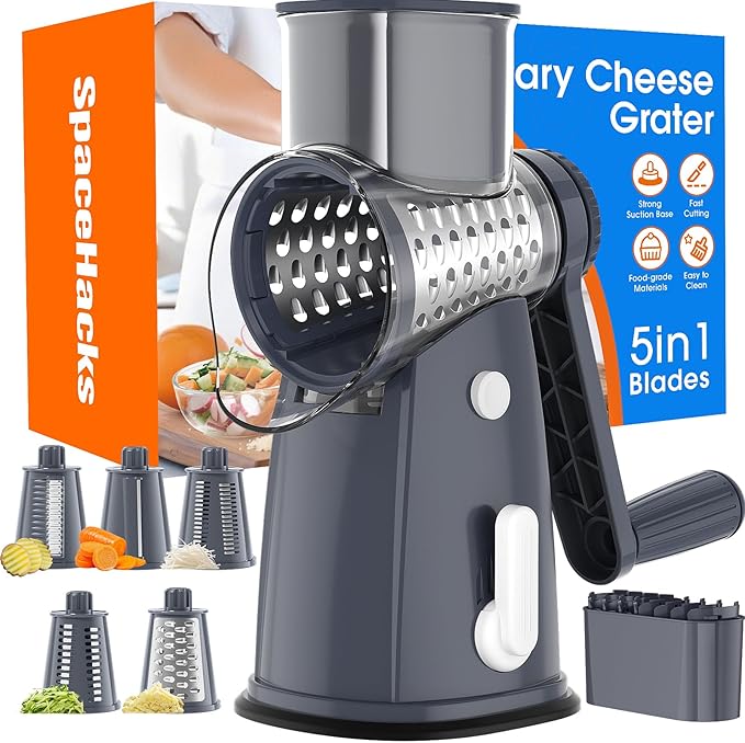 Rotary Cheese Grater Hand Crank with 5 Interchangeable Blades, Vegetable Slicer Chopper for Fruit Vegetable Nuts, Mandoline Slicer for Kitchen with Blades Rack & Suction Base, Grey