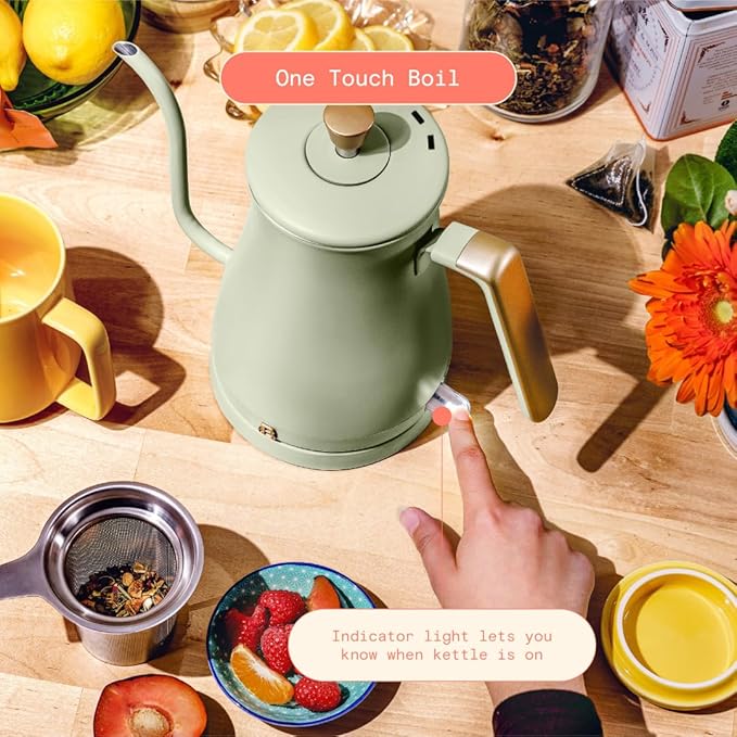 Beautiful 1L Electric Gooseneck Kettle, Precision Pour Spout, 1200W Fast Boil, Auto Shut-Off, Cordless, Stainless Steel, Tea & Coffee Maker with Ergonomic Handle, Matte Finish (Sage Green)