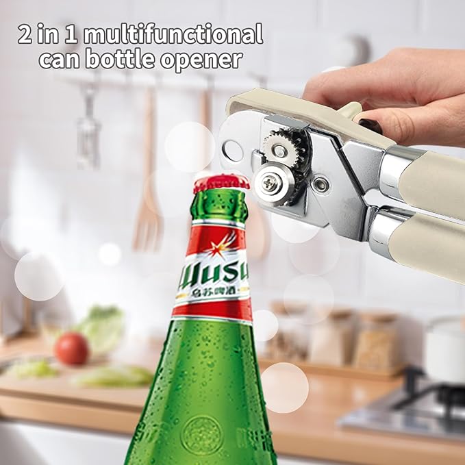 Can Opener Manual, Handheld Strong Heavy Duty Stainless Steel Can Opener, Comfortable Handle, Sharp Blade Smooth Edge, Can Openers with Multifunctional Bottle Opener, Beige
