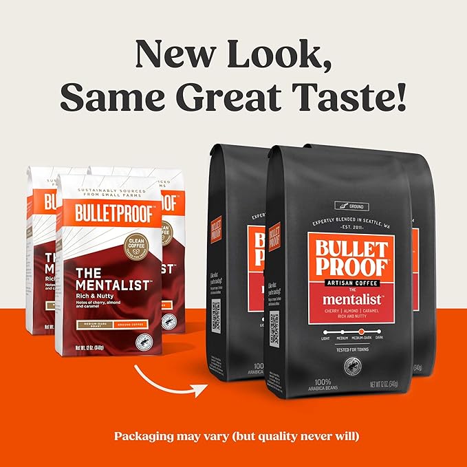 Bulletproof The Mentalist Medium-Dark Roast Ground Coffee, 12 Ounces (Pack of 3), 100% Arabica Beans, Clean Coffee Tested for Toxins, Packaging May Vary