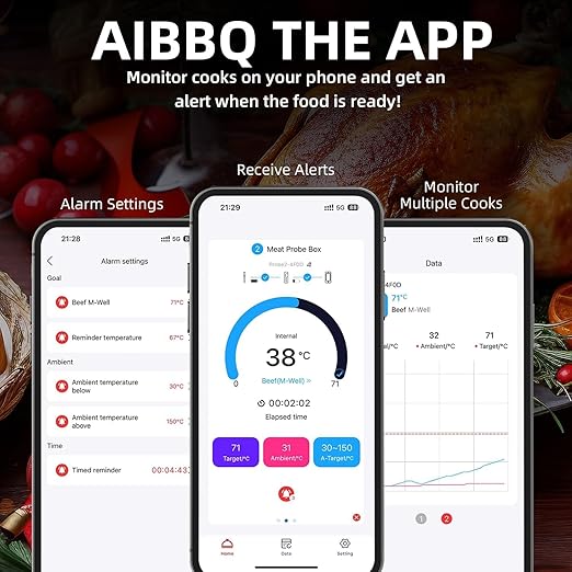 Wireless Smart Meat Thermometer with Bluetooth | Long Range | Measures Internal & Ambient Temp | for BBQ, Oven, Grill, Kitchen, Smoker, Rotisserie (Jet Black)