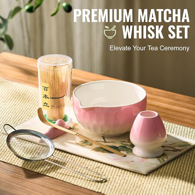 Matcha Whisk Set, 7 Pcs Pink Matcha Kit with Bowl, Whisk and Holder, Bamboo Scoop, Scoop Rest, Sifter & Tea Towel, Tea Gifts for Making Breakfast, Latte Match-a Lovers