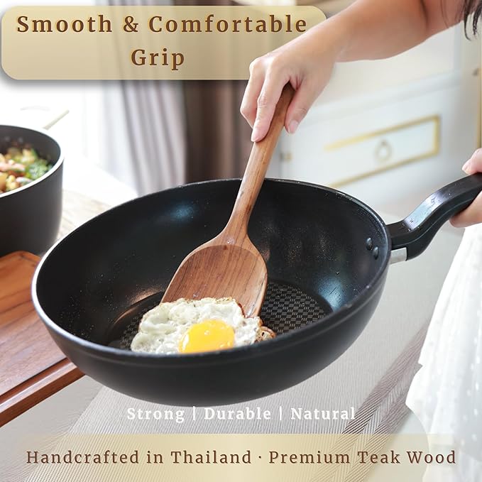 SarnThai Wooden Spoons for Cooking – 3 PCS Handcrafted Thai Teak Utensil Set, Stirring Spatula & Serving Spoon, Eco-Friendly, Ideal as Wok Spatula Wood