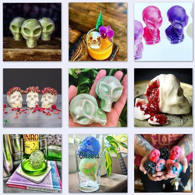 SHAPED 2-PACK BUNDLE 3D Ancient Alien & Skull Ice Mold Trays, Super Flexible Silicone Molds for Ice Cubes, Soaps, Chocolates, DIY Figures, Cookies, Resin Models
