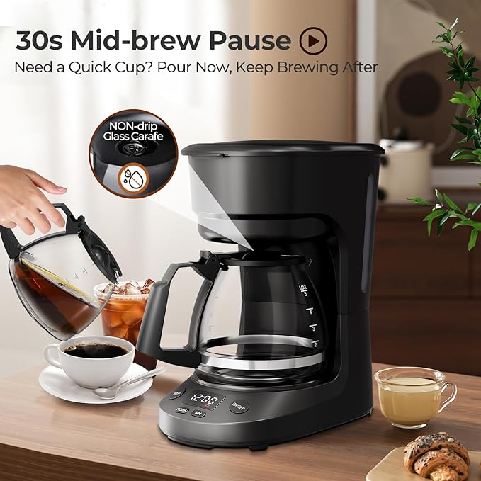 Small 5-Cup Coffee Maker with 24h Programmable Timer, Drip Coffee Machine with Food-grade BPA-free Glass Carafe, 2h Keep Warm with Auto Shut-off, Delay Brew, 25oz Water Tank, Compact for Home/RV