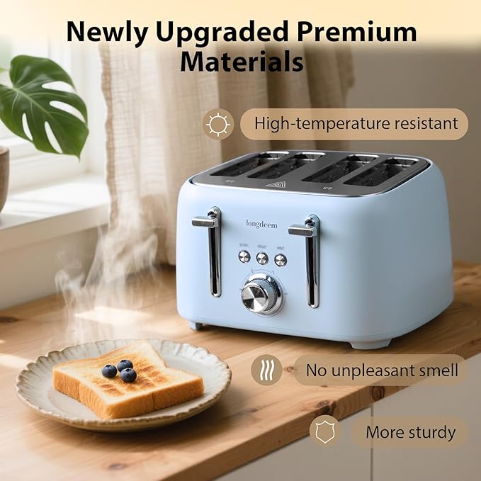 LONGDEEM 4-Slice Toaster 1.5" Extra Wide Slot Stainless Steel with High Lift Lever, 6 Presets & Bagel/Defrost/Cancel Function, Removal Crumb Tray, Under Base Cord Storage, Blue