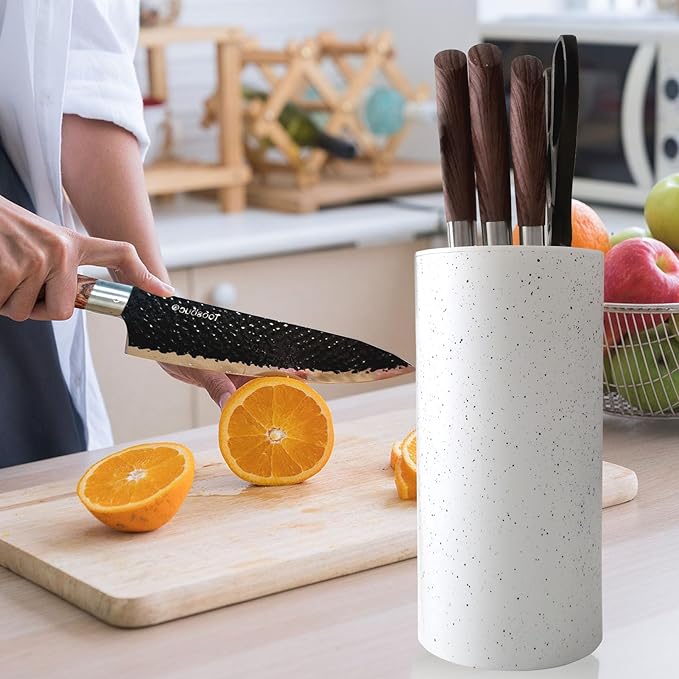 Universal Knife Block Holder, Toosbuc Round Knife Holder Without Knives,Safe & Detachable,Space Saver Knife Storage,Countertop Organizer for Kitchen (White Snowflake Dots)