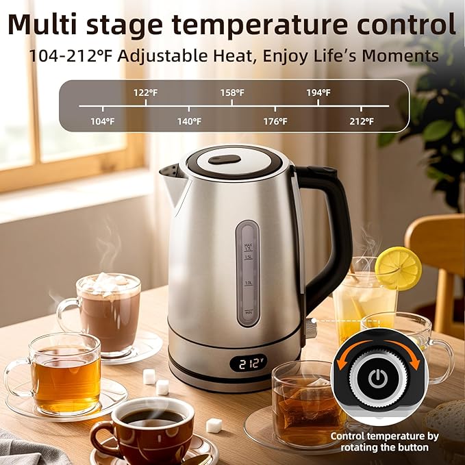 Kndko Electric Kettle,Temperature Adjustmenet, Stainless Steel Filter and Kettle,1.7L Tea Kettle & Hot Water Boiler For Coffee & Tea, Automatic Shut Off, 1500W, Silver