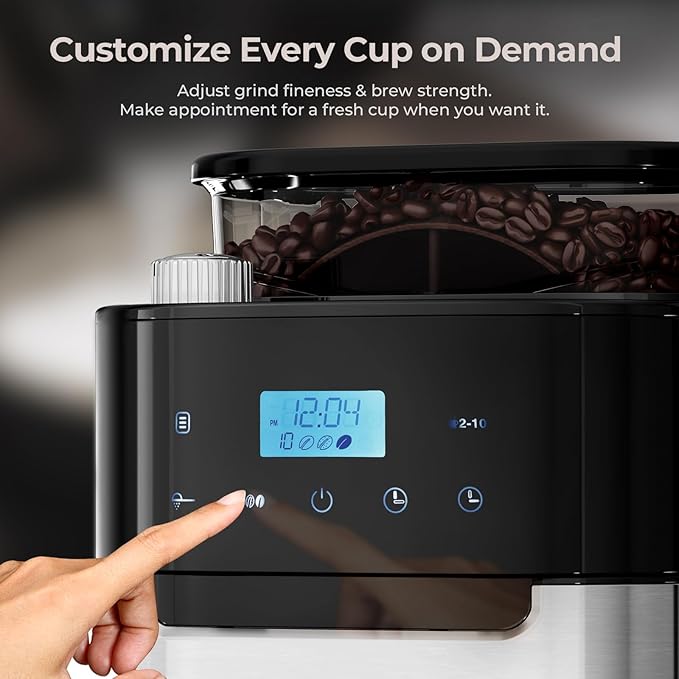 Drip Coffee Maker with Grinder Built In, 10-Cup Grind and Brew Coffee Machine, Programmable with Brew Strength, Permanent Filter, Glass Carafe, 50oz Water Reservoir, Ideal for Home/Office, Black