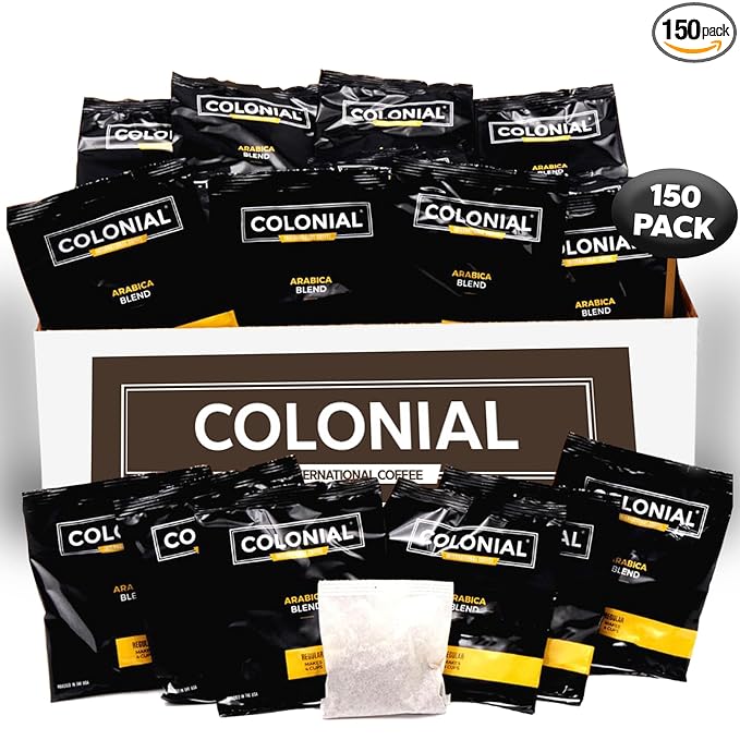Colonial Coffee Roasters In-Room Hotel Ground Coffee Filter Portion Packs, Dark Roast, 0.50 Ounce (Pack of 150), Use with 4-Cup Drip Coffee Machine