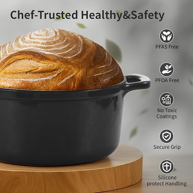 Enamel Cast Iron Dutch Oven with Lid, Round Casserole Pot for Bread Baking, Braising, Roasting, and Stews, Heavy-Duty, Oven Safe, Induction Compatible (4.7QT,Grey)