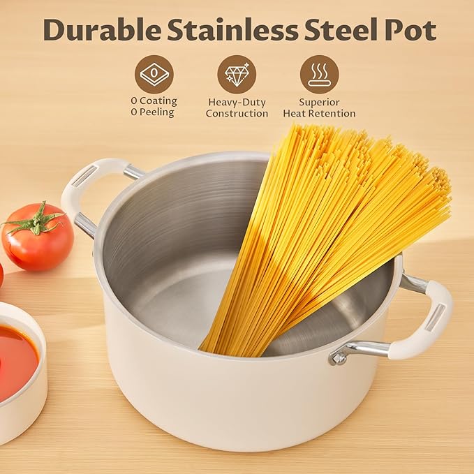 6 Quart Tri-Ply Stainless Steel Stock Pots with Lid, BEZIA Induction Soup Pot with Lid, Kitchen Cooking Pots with Silicone Handle, Compatible with All Cooktops, Free of PTFE/PFOA/PFOS