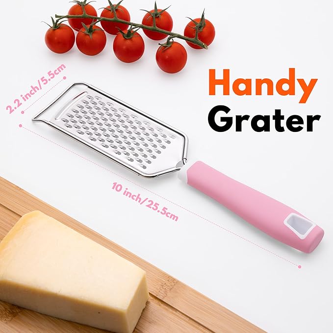 Rainspire Professional Cheese Graters for Kitchen Stainless Steel Handheld, Metal Lemon Zester Grater With Handle For Cheese, Chocolate, Spices, Kitchen Gadgets And Tools, Soft Grip Handle, Pink