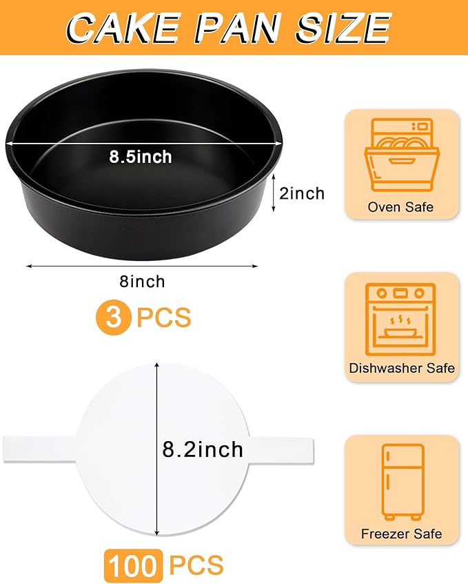 8 Inch Round Cake Pan Set of 3, Non-stick Carbon Steel Baking Pans with 100 Pcs Pre-Cut Parchment Paper, Durable Layer Cake Pans for Birthday/Christmas, Dishwasher Safe