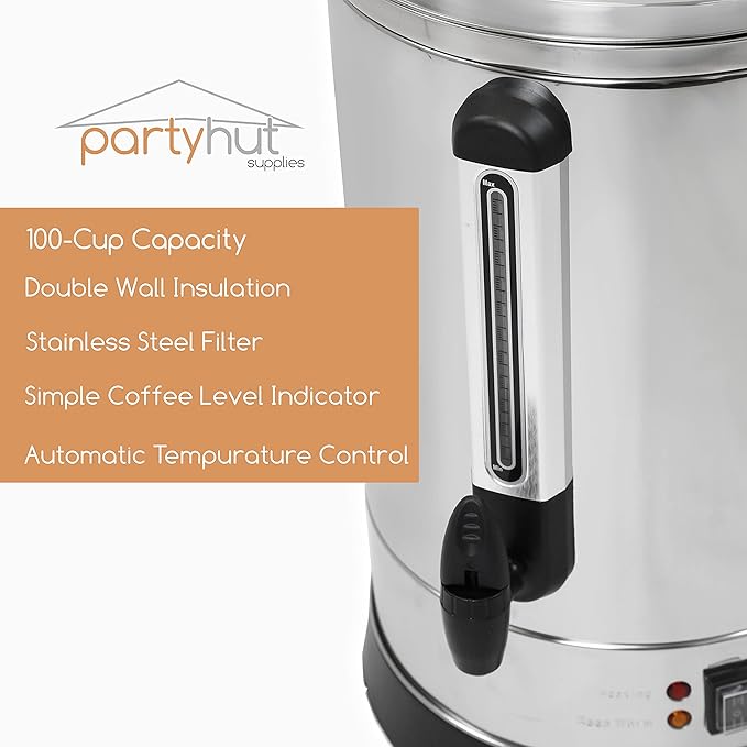 100-Cup XL Commercial Coffee Urn | Stainless Steel Coffee Maker Hot Beverage Dispenser for Catering & Events | Extra Large Commercial Size Coffee Brewer Broiler