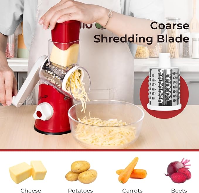 X Home Rotary Cheese Grater for Kitchen, Shredder with 3 Interchangeable Blades, Rotary Grater with Handle and Strong Suction Base, for Vegetables, Fruit, Nuts, Easy to Use and Clean, Red