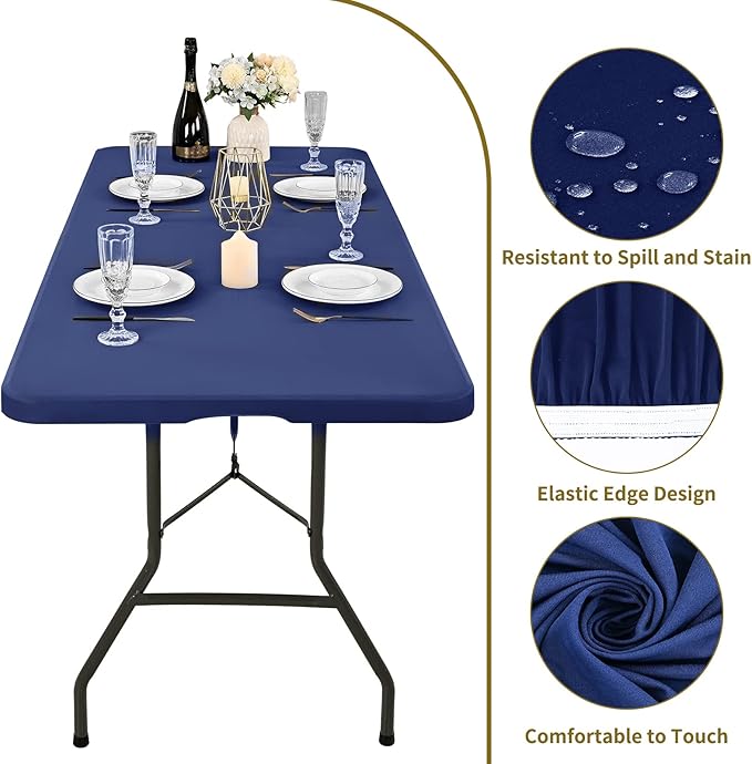 6 Pack Stretch Fabric Table Top Cap Cover, fits 6' Tables, Spandex Table Covers Washable Elastic Rectangle Tablecloth Protector for Indoor Outdoor Party Picnic Wedding, Navy Blue, 30" W x 72" L