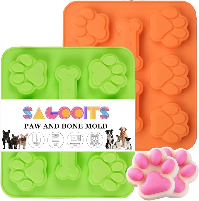 2 Pack Puppy Dog Paw and Bone Shaped 2 in 1 Silicone Molds, Reusable Non-Stick Ice Cube Trays & Candy Chocolate Molds for Homemade Dog Treats, Pudding & Baking Biscuit (Green Orange)