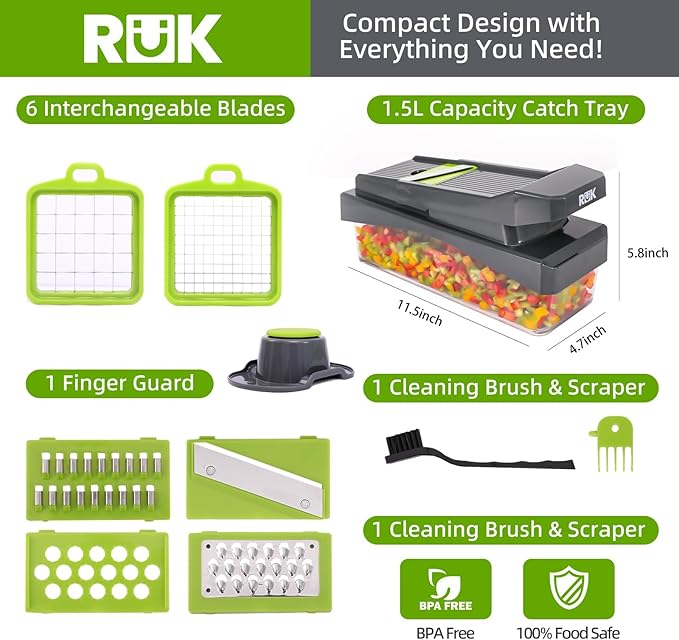 RüK 10-in-1 Vegetable Chopper – 6 Blade Veggie Chopper with Container, Food Dicer, Onion Cutter, Cheese Grater, Mandoline Slicer, Kitchen Gadgets & Home Essentials (Gray)