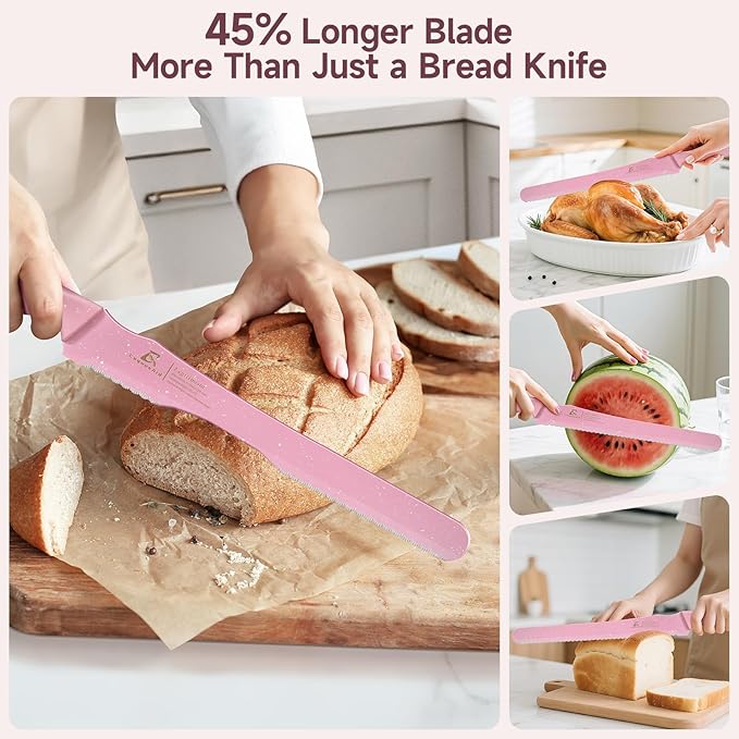 2025 Upgrade Bread Knife for Homemade Bread, World‘s 1st Double Serrated Knife with 5 Thickness Adjustable Slicing Guide, Stainless Steel Bread Cutter, Razor Sharp for Sourdough, Pink