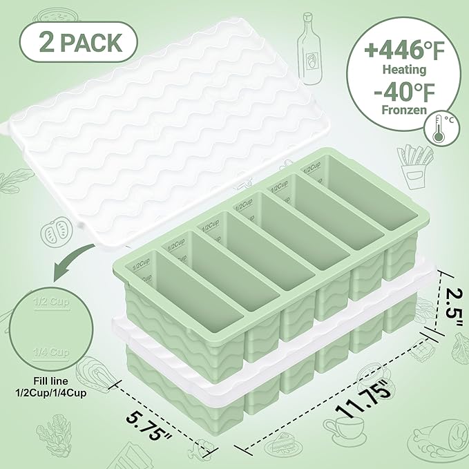 1/2 Cup Silicone Freezer Molds with Lid, 2-Pack Silicone Freezer Trays for Soup, Sauce & Broth – Meal Prep Containers, Large Ice Cube Tray, Oven & Dishwasher Safe