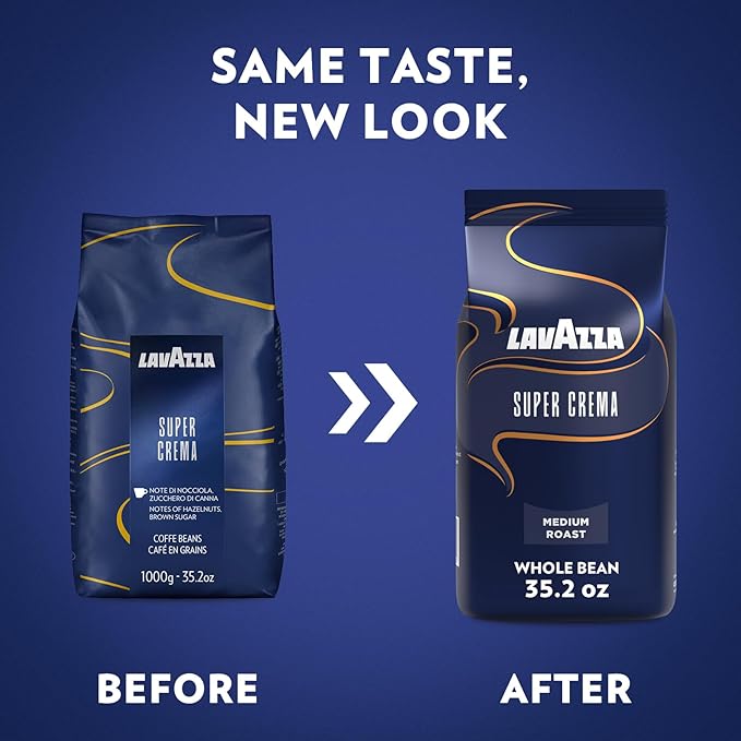 Lavazza Super Crema Whole Bean Coffee, Medium Espresso Roast, Arabica and Robusta Blend, 2.2 lb Bag (Pack of 2)