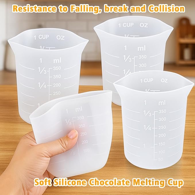 Palksky Silicone Cups for Melting Chocolate, 4PCS Silicone Measuring Cups with 350ml Capacity, Reusable Baking Supplies for DIY Chocolate Molds
