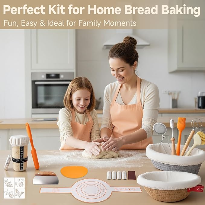 Complete Sourdough Starter Kit With Woven Proofing Basket, Sour dough Starter jar, Sourdough Bread Baking Supplies, Bread Making Kit,Perfect for Beginners & Gift