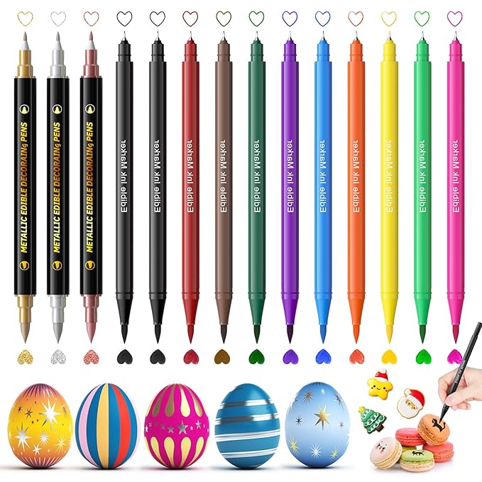 Jewem Edible Markers for Cookie Decorating,14 Pcs Ultra Fine Tip(0.5mm) Food Coloring Pens, Upgrade Double Side Food Grade Pens for Decorating Fondant Cakes, Easter Eggs, Frosting, Macaron,Halloween and Christmas Gifts