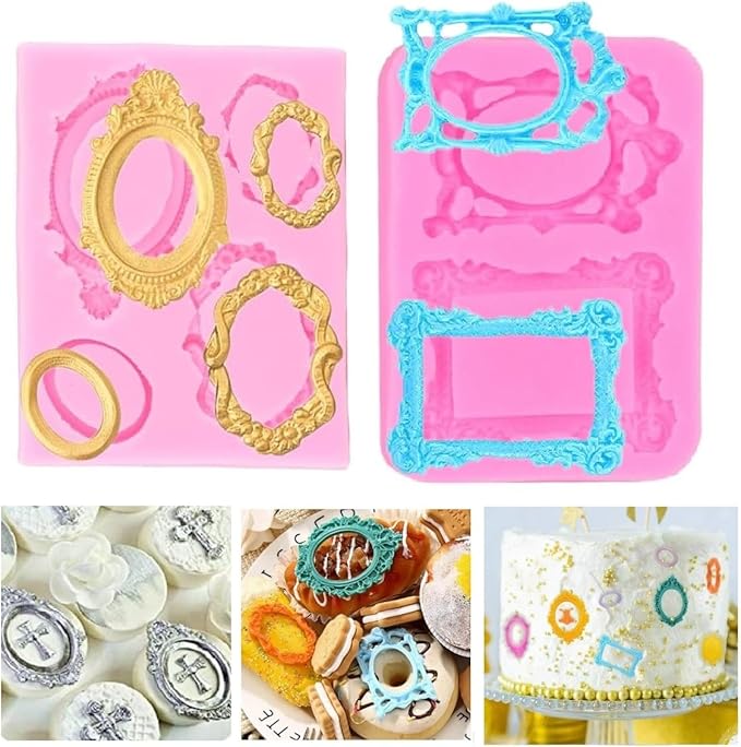 Photo Frame Fondant Molds Vintage Frame Chocolate Mold Mirror Picture Frames Silicone Mold for Cake Pop Decorating Cupcake Sugar Gum Paste Topper Candy Polymer Clay