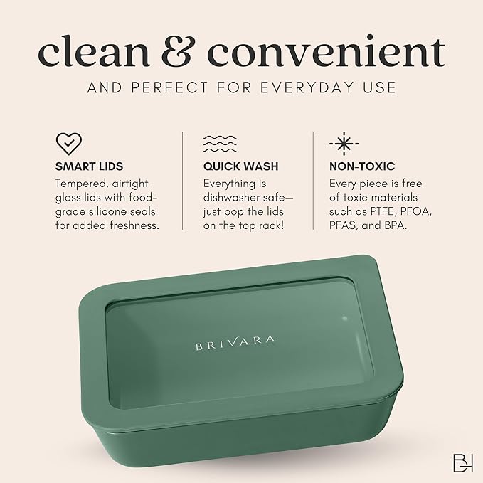 Ceramic Coated Glass Food Storage Container | No PTFE, PFOA, PFAS, and BPA | Reusable Non Toxic Meal Prep Container with Glass Lid | Easy To Store | 8 Cup Square [Pine]